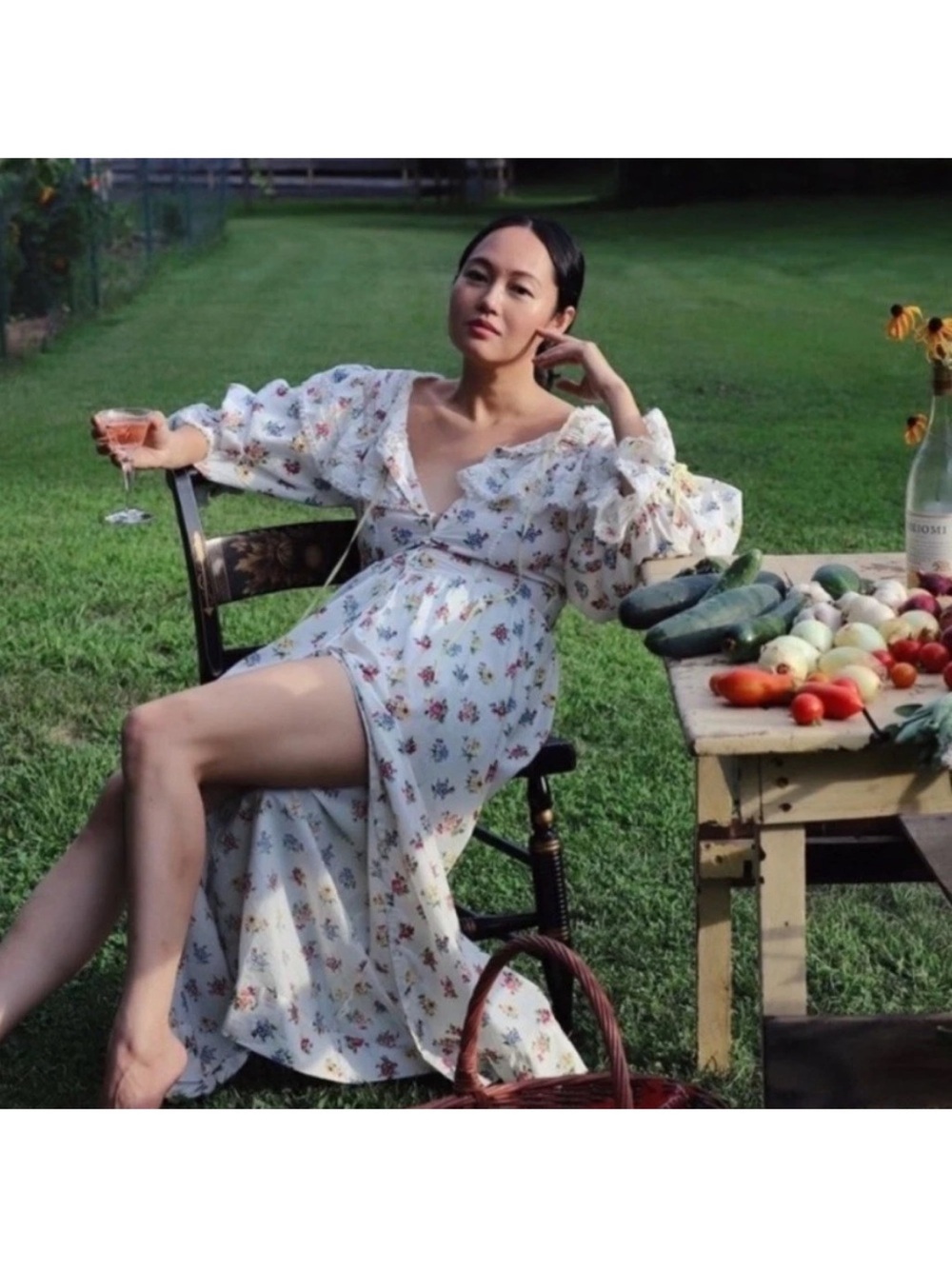 Doen White Floral Midi Dress with Puff Sleeves